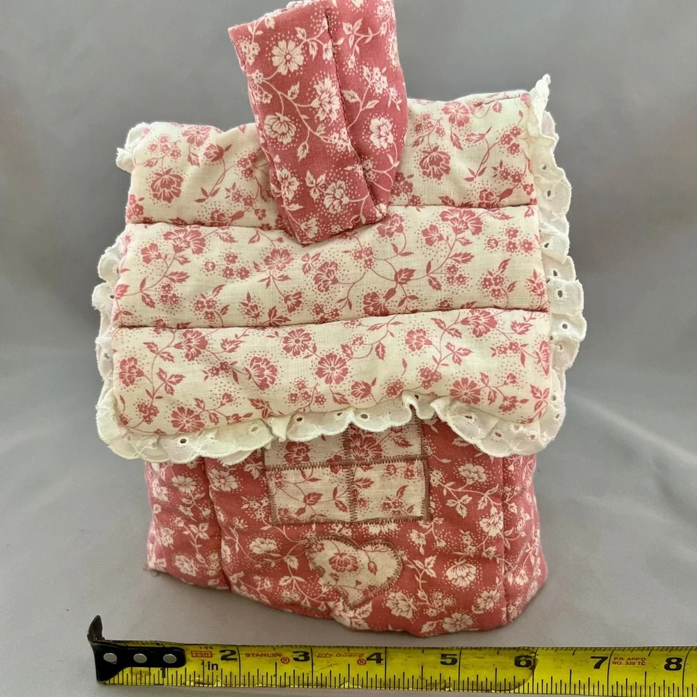 Vintage Tissue Box Cover Quilted Cottage Floral Lace Trim Mauve Pink Cream